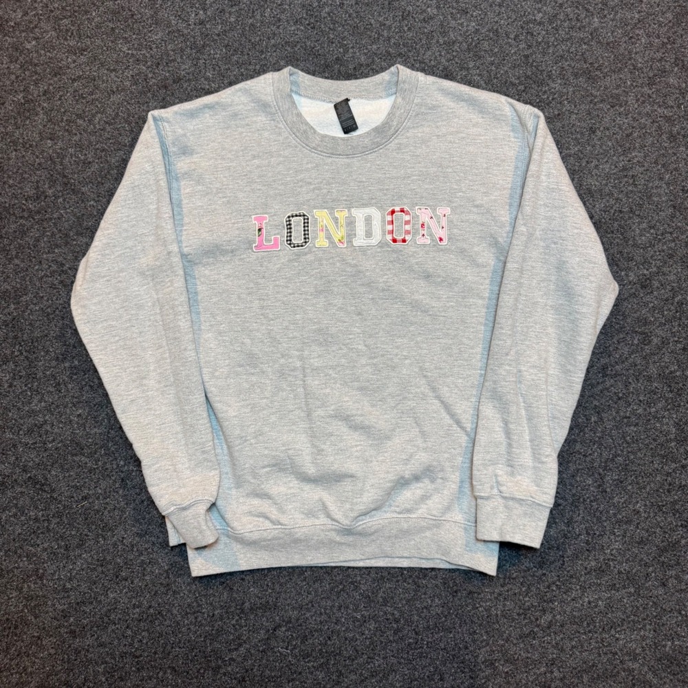 London Applique Grey Crewneck Sweatshirt Floral Gingham Patchwork Small